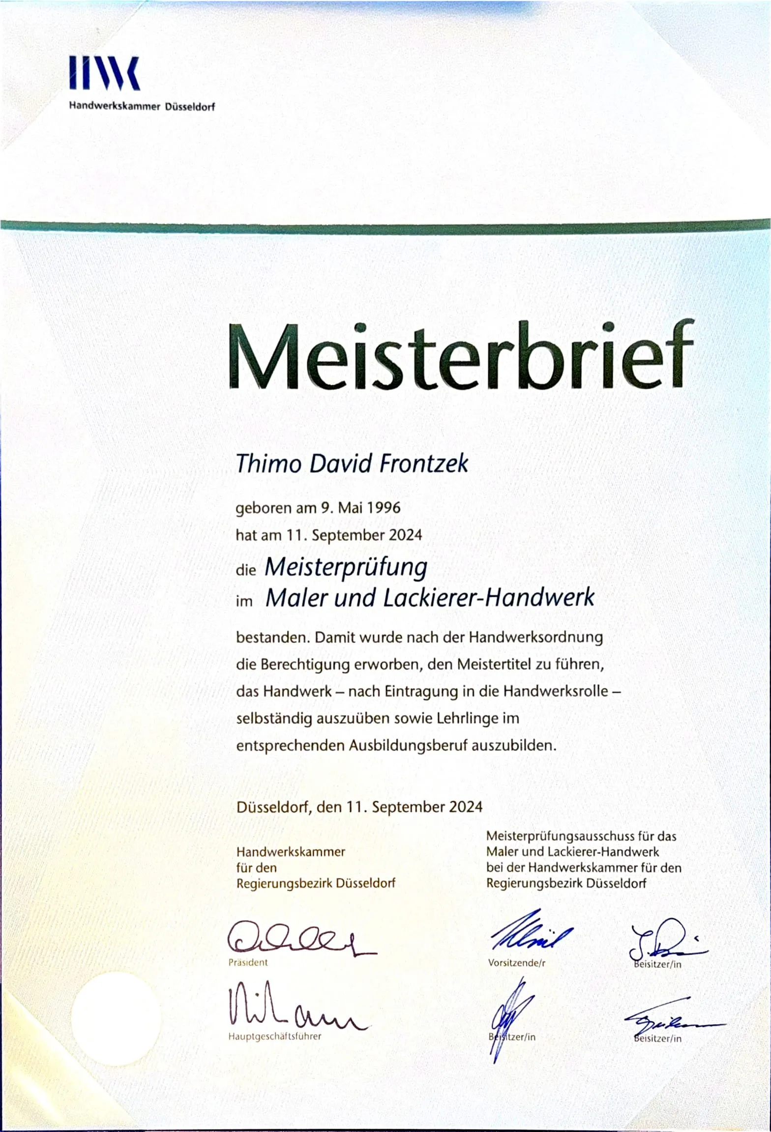 Meisterbrief von Thimo Frontzek
